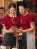 2023 Summer Chinese Restaurant Short Sleeve Waiter Red Shirt+Apr+Pants Set Western Hotel Waitr Work Uniform Free Ship J4OO#