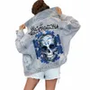 Frauen Denim Jacke 2022 Fi Casual Schädel Gedruckt Große Bild Hellblau Jean Mantel High Street Einreiher Revers Overwear 467O #