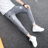 spring autumn 2021patch teenagers denim jeans men's Korean grey ripped feet pants trend street student men's pencil pants 24tL#