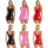 Frauen sexy Patentleder DR Bodyc Ärmeln Wetlook Latex Leder Mini Dr mit Clips Rave Party Club Tanz DRES L0TP#