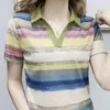 Korte Mouw T-shirt Womens Zomer Mode Regenboog Streep Polo Shirt Comfortabele Leisure Trui Vrouwelijke Kleding Tops 240308