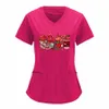 Униформа медицинской медсестры для женщин с принтом с коротким рукавом и V-образным вырезом, однотонные рубашки, блузки, топы с карманами, верхняя одежда L3h9 #