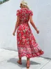 Jim Nora Vintage Floral Boho Baskılı Vestidos Kadınlar Kısa Kollu V Boyun Slit Midi Dres Bohem Yaz Plajı Dr T8AC#