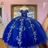 Koningsblauw Baljurk Quinceanera Jurken 3D Bloemen Meisje Sweet 16 Partij Jassen Uit de Schouder vestidos de quincea era257J