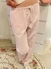 Women's Jeans Retro pink striped drawstring sports pants for womens autumn high waisted linen casual wide leg pantsL2403