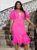 Kvinnor plus size Dres Bubble Sleeve Layered Ruffle Edge Rose Fishtail kjol Bodyc Casual Clubwear Elegant Party Dr R84T#