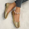 Casual Shoes 2024 Women's Flat Square Toe äkta läder Soft Sole Gold Sliver Single Fashion Slip-On Loafers Storlek 43
