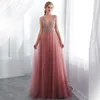 Vente rose paillettes brodées sexy manches profondes V Maxi haute fente soirée mariage Cami Dres pour les femmes invité de la fête Dr g4HN #