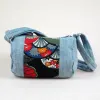 Sacs à bandoulière en coton et lin pour femmes, sac à bandoulière de Style japonais, bleu, fermeture éclair, fleurs ouvertes, pour voyage, Shopping