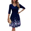 Party Dresses Spring Women Dress V Neck Flower Print A-line Bige Hem Long Sleeve Slim Knee Length Vestidos Para Mujer