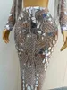 Sier speglar Rhinestes Chains Dr 2st Set Mesh Stretch Birthday Party Crystals fringes outfit Singer Performance Gowns 97ZS#