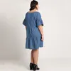 plus size verão casual denim dr meia manga babado em torno do pescoço solto na altura do joelho blusa dr feminino tamanho grande jean dr 00Si #