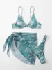 Kvinnors badkläder Marble Print Rib Underwire Bikini Baddräkt med strandkjol Tre stycken Set 2024 Summer Bathing Suit