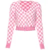 rosa och vit check cardigan tröja kvinnor fuzzy mohair gröda stickad lg hylsa hjärta-form rumpa mjuk tjej estetisk outfit / p35r#