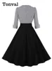 Tval PlaidとBlack Elegant Ladies Rockabilly Cott Dres Notched Collar 3/4 Sleeve Autumn Winter Women Vintage Dr Z7ll＃