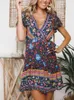 Kvinnor Summer Mini Casual Short Sleeve Floral Print V Neck Sexy Wrap Boho Beach Dress Robe S ~ 5XL 240314
