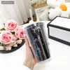 Diseñador negro blanco Vasos taza de plástico logotipo clásico estrella lentejuelas bebida fría transparente jugo de doble capa taza de paja taza portátil para estudiantes con caja de regalo 450 ml