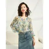 Women's Blouses Women Real Silk Blouse Print Pullover Shirt Two-piece Spring Summer Top V-neck Collar Elegant 2024