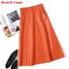 Skirts Women A-line Long Leather Skirt 2024 Spring Femme Sheep Skin Big Hem Pocket Maxi Jupe Mujer Organge Umbrella Faldas Largas