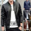 Jaqueta masculina de couro falso de couro masculino jaqueta de couro falso com gola com zíper bolsos de carcela elegante casaco streetwear para primavera outono 240330