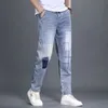 män jeans lapptäcke multi-pocket par denim byxor tiggarstil lastbyxor hög gata casual manlig streetwear pantal homme c5xe#
