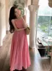 Abiti casual Ezgaga Backless Elegant Women Pink Mesh Patchwork Senza maniche Ruffles Fasciatura Summer French Style Sexy Dress Party