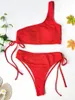 Women's Swimwear Red Bikini Drawstring Swimsuit Strappy Thong One-shoulder Ribbed Beach Outfits Women Bathing Suit Bikinis Set Swimsuits