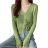 2024 Summer fi Korean Style Roose Slimming V-Neckline Short All-Match Sun Protecti Lg Sleeveved Cardigan Top Women E8M6＃