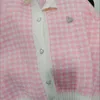 2023 Sweet O-neck Heart Butt Lattice Splicing Pink Cardigan Sweater Fi Loose Single-breasted Preppy Style Knitted Sweater 071p#