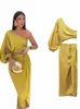 trafza Dr per le donne giallo asimmetrico raso tagliato Lg Dr donne increspato spalle eleganti Dres Evening Party Dre o6X6 #