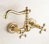 Torneiras de pia do banheiro montagem na parede polido cor de ouro bronze torneira giratória bacia dupla alça lgf019