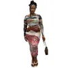 Fengins Fashion Printed Round Neck Long Sleeved Casual Slim Fit One Step Trendy Women Dress 124570