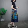 #2142 Summer Overall Denim Dress Women Sleeveless Printed Aline Jeans Pockets Vintage Vestido Loose Spaghetti Strap 240329