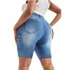 Kvinnors plus storlek Casual Denim Shorts, Wed Pip Butt Fly Denim Shorts with Flap Pockets G9GM#