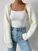 Mulheres Open Frt Cropped Cardigan Tops y2k Retro Lg Manga Cor Sólida Com Nervuras Knit Shrug Sweater Bolero Tops n7Gg #