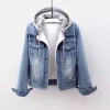 korean Versi of Denim Plus Veet Jacket Solid Color Fi Detachable Hooded Fleece Warm Lamb Wool Cott-padded Jacket 90gw#