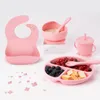 Pratos infantis conjunto bebê silicone 6 peça conjunto de utensílios de mesa ventosas garfos colheres babadores palhas copos mãe e bebê suprimentos 240326