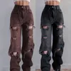 Kvinnors byxor rippade hög midja jeans kvinnor vintage y2k mode bred ben rak denim byxor streetwear hål hip hop pant