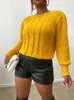 onelink Solid Yellow Cable Knit Pattern Women's Plus Size O Neck Pullover Sweater Oversize Tops Office Lady Daily 3XL Clothing f60n#