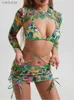Damenbadebekleidung 2024 Neues 4-teiliges Set Badeanzug Frauen Tanga Sexy Langarm Micro Bikini mit Rock Graffiti Beachwear Badeanzug yq240330