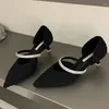 Sapatos de vestido rasos senhoras saltos bombas 2024 feminino strass apontado dedo do pé moda calçado de seda médio mulheres slides