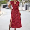 Vestidos casuais verão 2024 v pescoço senhoras venda plissado mangas vintage impressão balanço vestido cinto magro praia longo