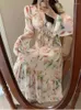 Sukienki swobodne 2024 Kwiatowa sukienka midi Winen elegancki styl plażowy nawet impreza żeńska koreańska moda elegancka sznurka
