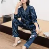 Pyjama en Imitation soie pour femmes, ensemble imprimé Floral soyeux, manches longues, chemise, pantalon à jambes larges, vêtements de nuit, printemps