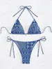 Dames Zwemkleding 2024 Boheemse Bloemenbikini Set Dames Bloemenprint Blauw Patroon Zwemster Boheemse Stijl Sling Nekband Badmode Doucheset J240330