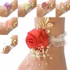 Mädchen Brautjungfer Handgelenk Frs Hochzeit Prom Party Boutniere Satin Rose Armband Stoff Hand Frs Hochzeit Versorgung Accories E2z9 #