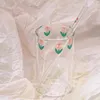 Wine Glasses Wudruncy Ins Style Tulip Glass Cup Simple Heat-resistant Girl Coffee Milk Juice Straw Fresh Pink Flower Water Cups