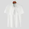 남자 캐주얼 셔츠 Incerun 남자 셔츠 셔츠 단색 스탠드 스탠드 칼라 짧은 슬리브 넥타이 패션 의류 스트리트웨어 2024 cloak s-5xl