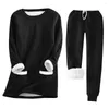 Women's Sleepwear Simple Solid Color Outfit Cozy Fleece Lined Pajama Set With Drawstring Waist Long Sleeve Pullover For Women Warm Ladies