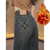 Jeans para mujer Invierno Plus Terciopelo Casual Cálido Mujeres Vintage Recto Cintura alta Harajuku Pantalones de mezclilla Retro Espesar Pantalón de pierna ancha
